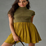 Fongt Parquet Small Turtleneck Dress Short Sleeve Pleated Knit Elegant Pure Color Slim Mini Dress Woman-Outfit