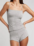 Women 2 Pieces Pajama Sets Nightwear Solid Color Square Neck Sleeveless Strap Camis Tops Shorts Loungewear Sleepwear-Outfit