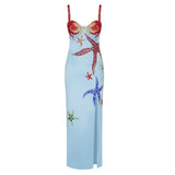 Blue Starfish Sequin Details Silk Midi Dress-Outfit