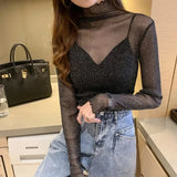 Mesh Blouses Tees Female Autumn Transparent Full Sleeve Elegant Stretchy Turtleneck Shirts Tops Undershirts For Women-Outfit