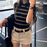 Fongt Lesier Striped Knitted Short-Sleeved T-Shirt Niche Gentle High Wisdom To Reduce The Sense Of POLO Collar Blouse Woman Spring