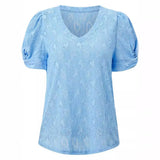 Fongt Fashion Casual Women's Top 2024 New Print V-Neck Slim Cuff Kink Top-Outfit
