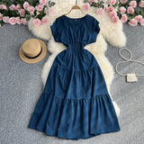 Fongt Gentle Wind Ruffle Collar Dress Female Summer Simple Pure Color Double Flying Sleeve Design Platycodon Grandiflorum First Love Skirt-Outfit