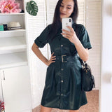 Vintage Sashes Front Button A-line Dress Short Sleeve Turn Down Collar Solid Elegant Casual Dress 2020 Early Spring