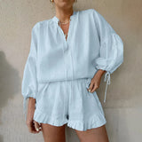 Fongt 2024 Fashion Suit New Women's Long Sleeved Shirt Shorts Loose Pure Color Lace Fashion Suit Women