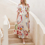 Fongt 2025 New Women's Beach Dress Body Swings Four-Sided Bullet-Printed Long