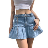 Street Preppy Style Jeans Skirts Women Sext High Waist Bottom Pleated Ruffles Demin Mini Skirts Streetwear