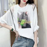Stylish Letter Printed Blouse Commute Lace Patchwork 2023 Summer Korean Plaid Female Clothing Shirring Round Neck Shirt-Outfit