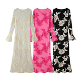 Fongt New Three-Dimensional Platt Flower Horn Sleeves Solid Long-Sleeved Dress