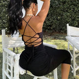 Fongt Women's Summer Sexy Hanging Neck Back Strap Slim Temperament Long Dress