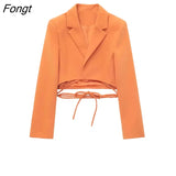 ZBZA 2023 Spring Elegant Blazer For Women Notched Long Sleeves Lace Up Bowknot Blazers Female Summer Coat
