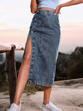 Side Slit Buttoned Denim Midi Skir-Outfit