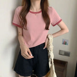 Fongt Color Round Collar Short-Sleeved T-Shirt Female 2024 New Summer Bottom Shirt Korean Version Slim Short Student Top