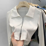 Design Sense Niche Double Zipper Polo Collar Jacket Women's Early Autumn New Threaded Short Top Knitted