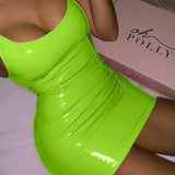 Fongt Leather Solid Color Halter Dress Female Tight Leather Skirt Sexy Sleeveless Leather Hottie Bag Hip Skirt Short Skirt-Outfit
