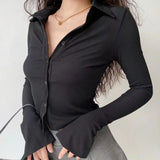 Fongt Polo Collared Horn Sleeve Shirt Slim Slim Elastic Long-Sleeved