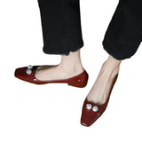 Fongt Pearl Flats For Women's Spring / Summer 2023 Soft Leather Patchwork Color With Skirt Square Head Light Mouth Single Shoes Red Single Shoes-Outfit