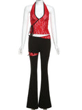 Red Lace Sheer Halter Crop Top And Flare Pants Set-Outfit