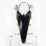 Dark Faux Pu Grunge Sexy Backless Leather Bodysuits Mall Gothic Chain Hollow Out Women Top Punk Black Summer Alt