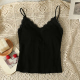 Fashion Korean Version Women's Crop Top Solid Color Lace Stitching V Neck With Chest Pad Sleeveless Tank Tops-Outfit