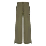 Women's Pocket Casual Pant Vintage Fashion Self Cultivation Low Rise Waist Straight Drawstring Trouser Simple Casual Cargo