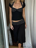 Black Polka Dot Patchwork Top And Midi Skirt Set-Outfit