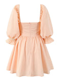 Fongt Sweet Style Dress Women 2025 New Square Collar Bubble Sleeve Splicing Design Folds High-End Short