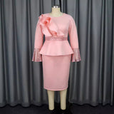 Fongt Round Collar Horn Sleeve Temperament Dress Party Wind Lotus Leaf Side Squint High Waist Dress Dress