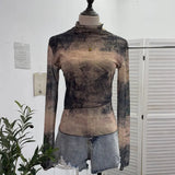 Real Shooting Denim Pattern Dye Printing Retro Babes Thin Mesh T-Shirt High-Necked Long Sleeve Bottom Shirt Top