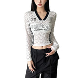 New Women's Vintage Letters High Waist Perspective V-Necked T-Shirt In Fall