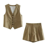 Fongt 2023 Summer V-Neck Solid Color Single Breasted Vest High Waist Wide-Leg Pants Shorts Set 9ZS2251-Outfit
