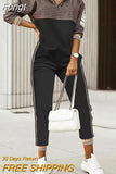 Autumn Lady Casual Long Pants Suit Women Patchwork Zip Top Print Trousers Set Loose High Waist Pants Two Piece Set