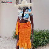 Puss Pleated Bandage Mid Skirt Women Sexy Oversized Elastic Side Split Summer Party Vacation Clubwear Beach Style