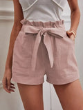Fongt 2025 Summer Women's Loose Flax Leisure Shorts Pocket Solid Colored High-Rise Broad Legs
