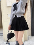 Bow Solid High Waist Pleated A-line Skirt-Outfit