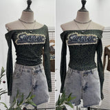 Real Shooting Spice Girls Letter Sticker Leopard Long-Sleeved T-Shirt 2024 Autumn New Thin Short Top