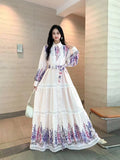 Fongt And Autumn New Women's Collar Bubble Sleeve Lantern Long-Sleeved Lantern With Belt Positioning Print Single Buckle Dress
