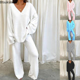 Autumn Winter Women 2PCS V Neck Long Sleeve Blouse Suits Matching Sets Casual Wide Leg Trousers Sets Solid Homewear