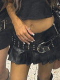 Rivet Belt Pleated Slit Leather Mini