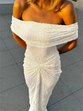Knit Off-Shoulder Pleated Wrap Maxi Dress-Outfit