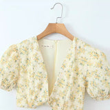 New Yellow Flower V-Neck Short-Sleeved Mini Dress-Outfit