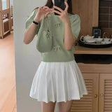 Style Three-Dimensional Bow-Tie Short-Sleeved Sweater Women's 2024 Spring New Sweet Jacket Short-Style Knitted Blouse-Outfit