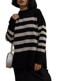 Fongt Autumn And Winter Women's Clothing Jacket Loose Round Collar Bump Color Knitted Striped Sweater Woman