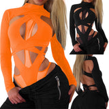 Fongt Sexy Women's Cross-Cuff Design Feels Bare Back Strap Solid Color High-Neck Long Sleeves