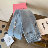 New Chic Love Button Split Jeans Women's Summer Hot Girl jeans Retro High Waist Straight Slim Flared Denim Pants