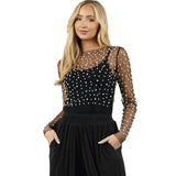 Fongt Spring And Summer Explosion Of Women's Clothing Bubble Beads Perspective Mesh Long-Sleeved Top