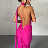One Shoulder Backless Adjustable Scarf Loop Ruched Sexy Maxi Dress Women Elegant Y2K Streetwear Festival Outfit-Outfit