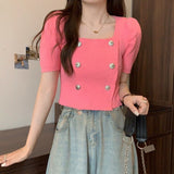 Temperament Button T-Shirt Girl Summer New Korean Hoodie Thin Square Collar Fashion Wear Short-Sleeved