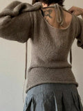Solid Color Backless Lace Up Long Sleeve Knit-Outfit
