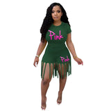 Plus Size Women Set S-5XL PINK Letter Print Round Neck Top And Tassel Shorts Two Piece Sets Casual 2pcs Outfits